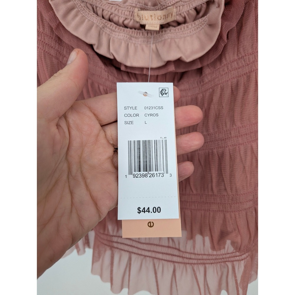Fairycore Mesh Tulle Crop Top Womens Large Mauve Pink Smocked Ruffle Sheer NWT - Picture 5 of 10